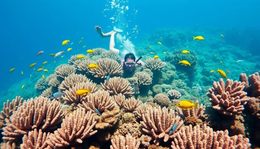 Snorkeler exploring coral reef with tropical fish in Isla Palomino