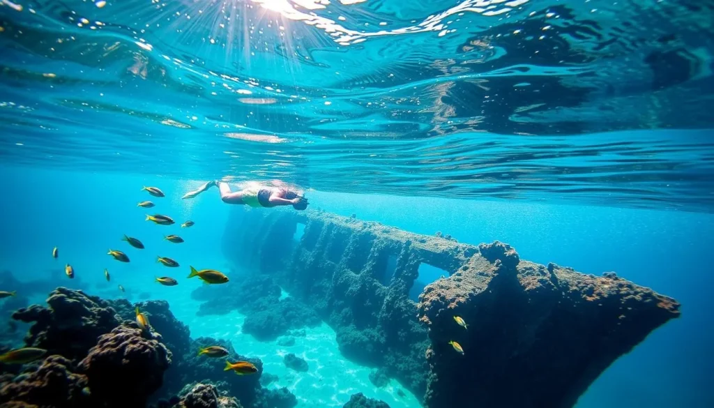 Snorkeler exploring shipwreck in Carlisle Bay with colorful fish and coral formations Snorkeler exploring shipwreck in Carlisle Bay with colorful fish and coral formations