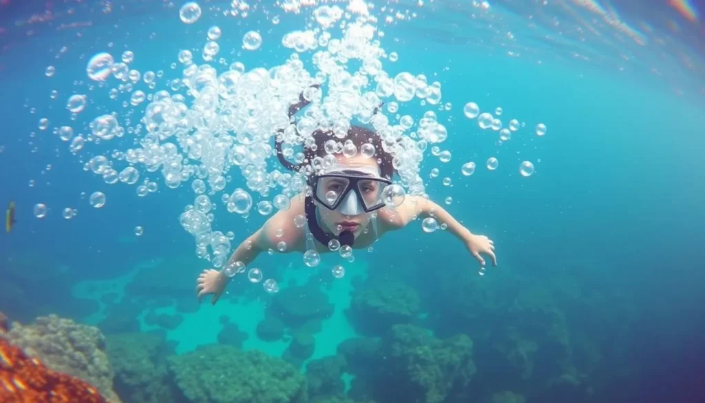 Snorkeler surrounded by bubbles at Champagne Reef in Dominica