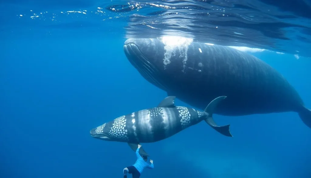Snorkeler swimming near a humpback whale mother and calf in Niue's clear waters