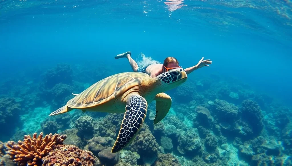 Snorkeler swimming with green sea turtle in clear waters of Mayotte lagoon Snorkeler swimming with green sea turtle in clear waters of Mayotte lagoon