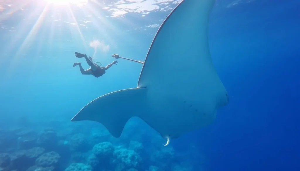 Snorkeler swimming with manta rays in clear Maldives waters