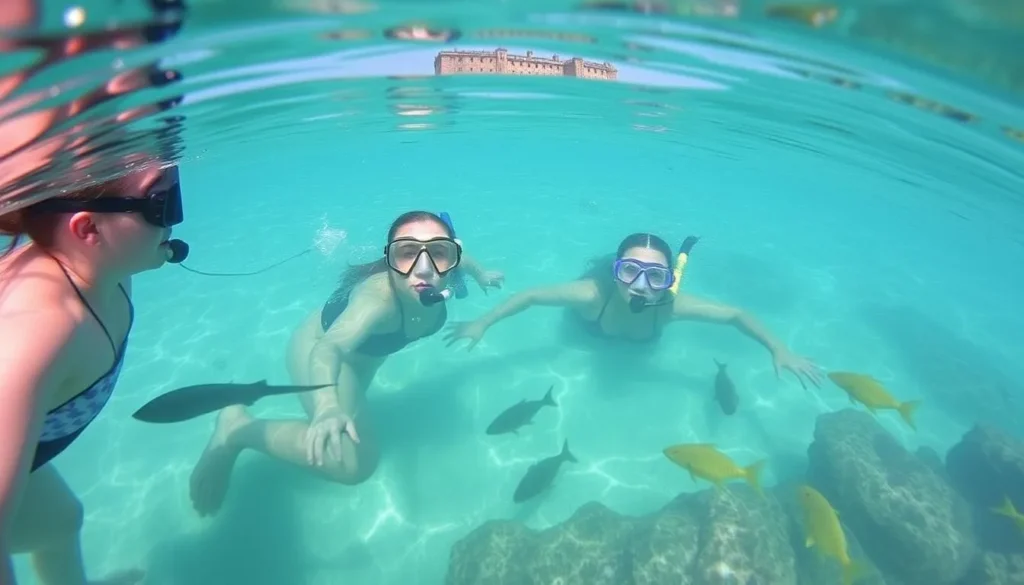 Snorkelers exploring the clear waters and vibrant marine life at Fort Zachary Taylor State Park Beach, with the historic fort in the background.