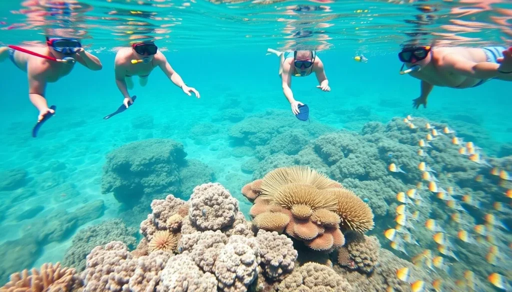 Snorkelers exploring the vibrant coral formations at Bari Reef in Bonaire National Marine Park