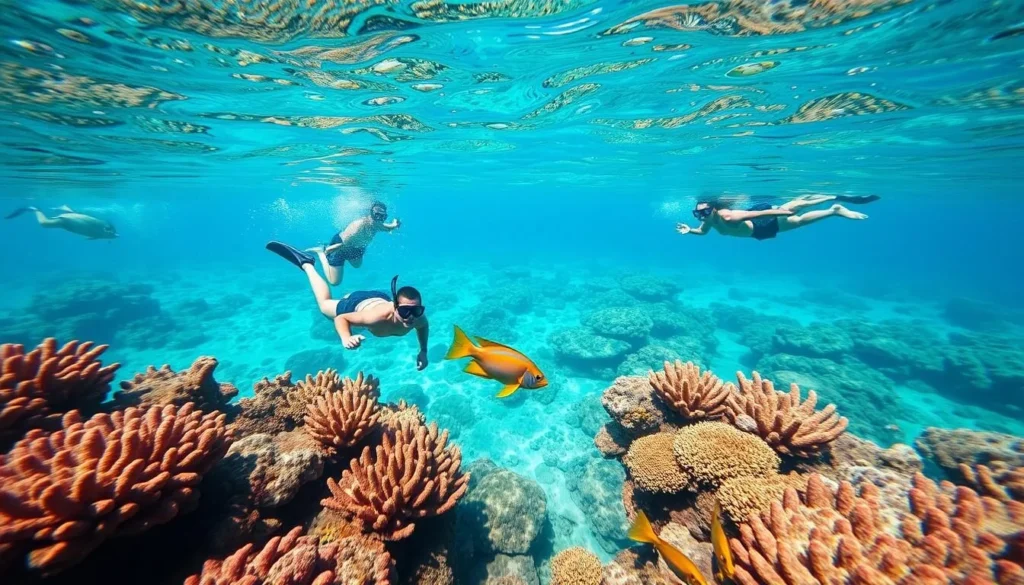 Snorkelers exploring vibrant coral reefs in the crystal-clear waters of the Torres Strait Snorkelers exploring vibrant coral reefs in the crystal-clear waters of the Torres Strait