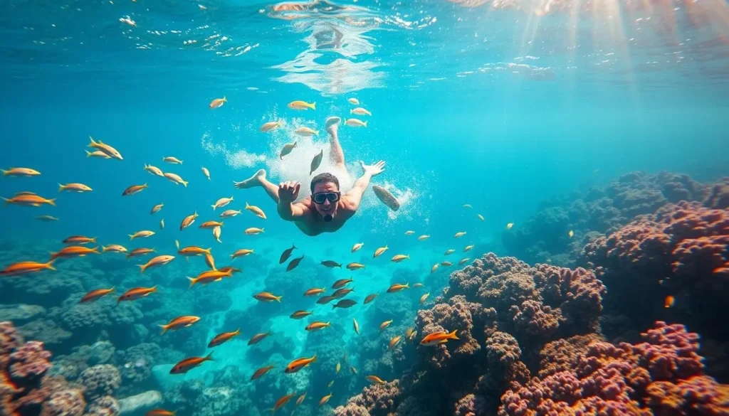 Snorkeling in Fiji's vibrant coral reefs with colorful fish and clear blue water