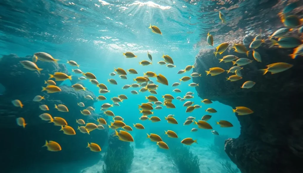 Snorkeling in Lake Malawi's clear waters with colorful cichlid fish swimming around coral formations
