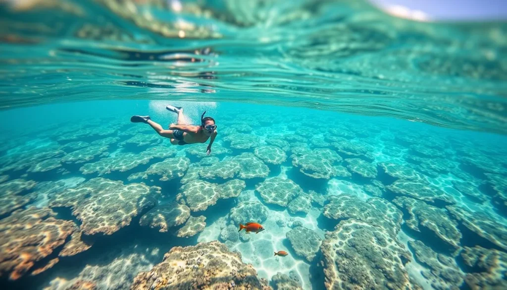 Snorkeling in the crystal clear waters of New Caledonia's lagoon with colorful coral and fish