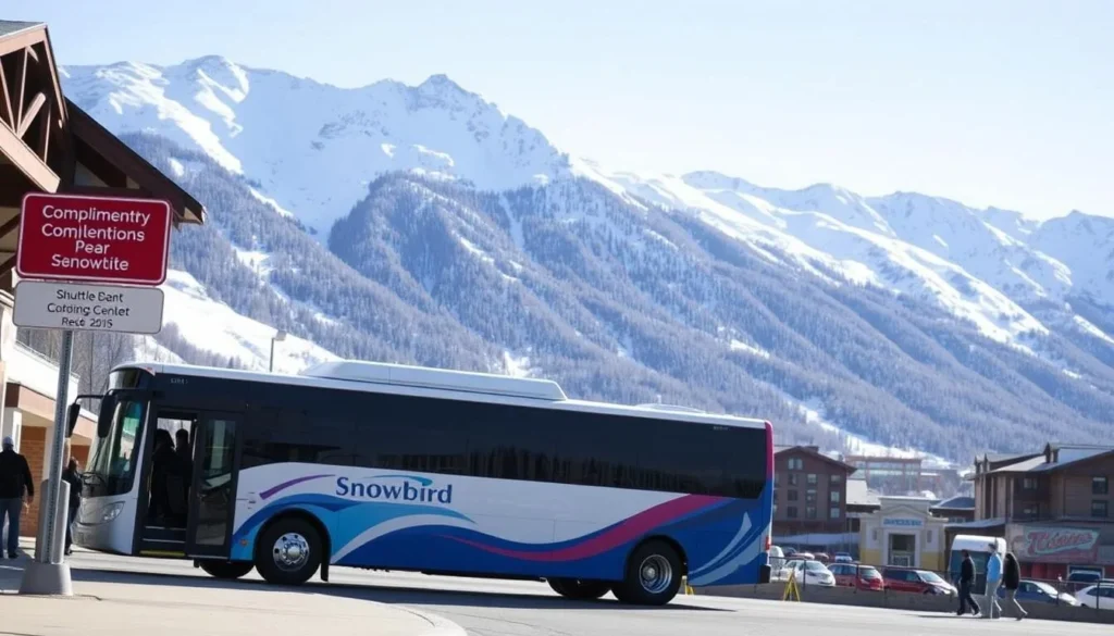 Snowbird resort shuttle bus with mountain backdrop