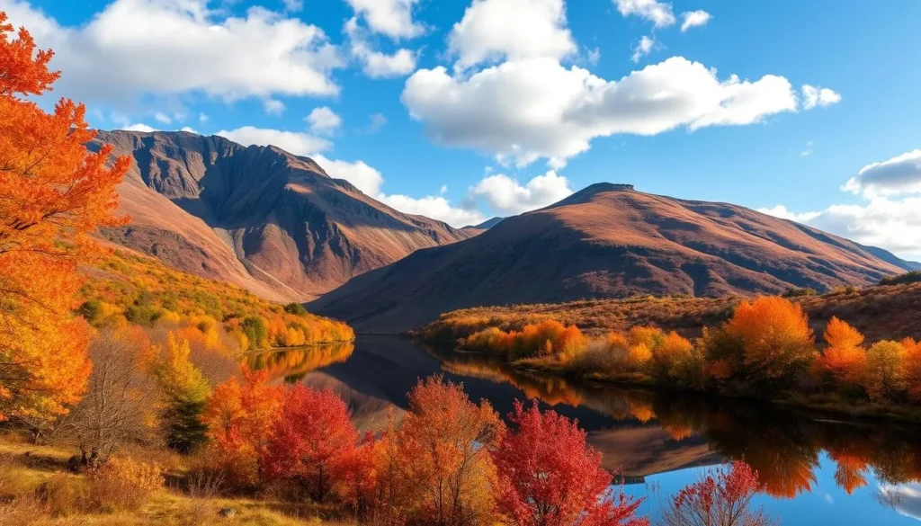 Snowdonia National Park in autumn with colorful foliage, mountains, and a clear lake