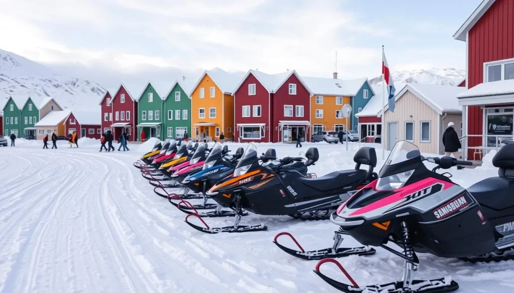 Snowmobiles parked outside buildings in Longyearbyen, transportation for Svalbard and Jan Mayen things to do Snowmobiles parked outside buildings in Longyearbyen, transportation for Svalbard and Jan Mayen things to do