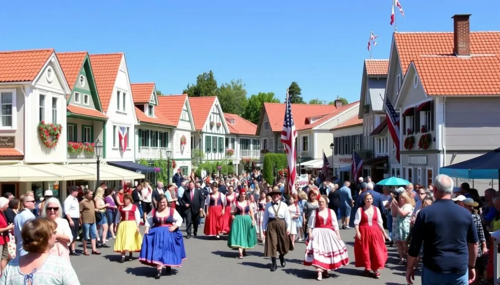 Solvang, California things to do during Danish Days festival with people in traditional costumes celebrating in the streets Solvang, California things to do during Danish Days festival with people in traditional costumes celebrating in the streets