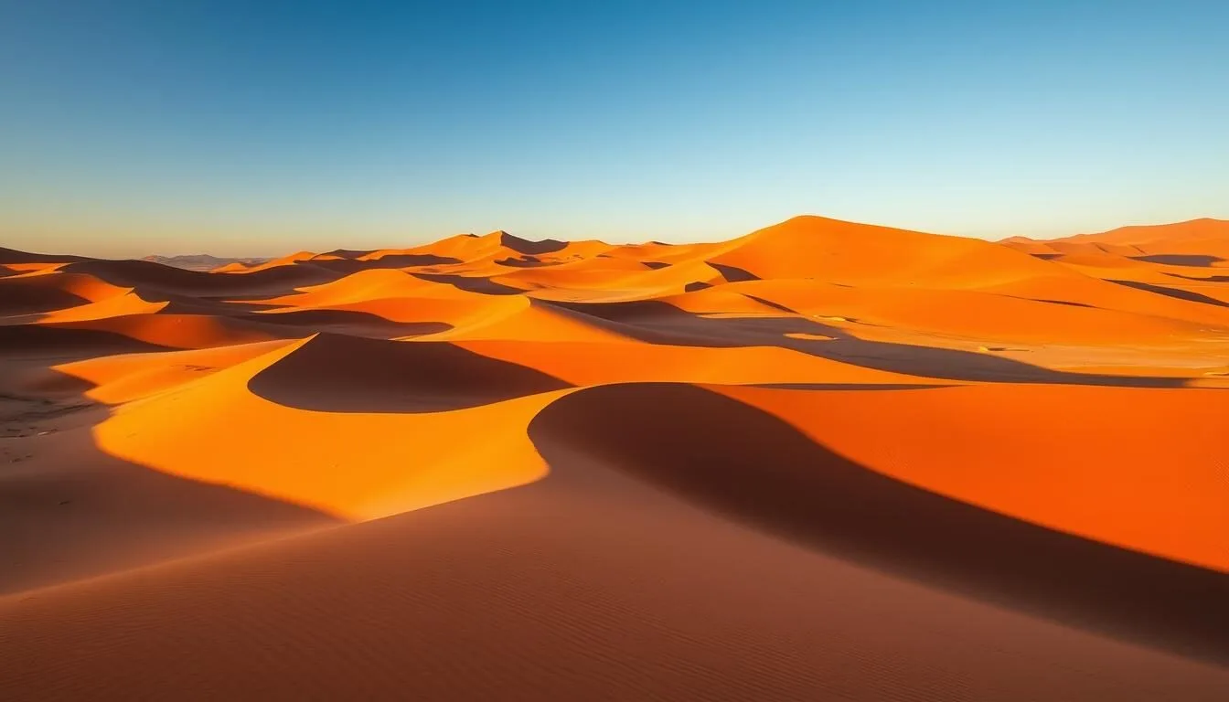 Sossusvlei red sand dunes at sunrise with shadows creating dramatic patterns - best things to do in Namibia