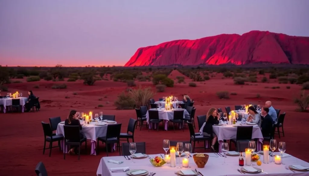 Sounds of Silence dinner with tables set up in the desert with Uluru (Ayers Rock) visible at sunset Sounds of Silence dinner with tables set up in the desert with Uluru (Ayers Rock) visible at sunset