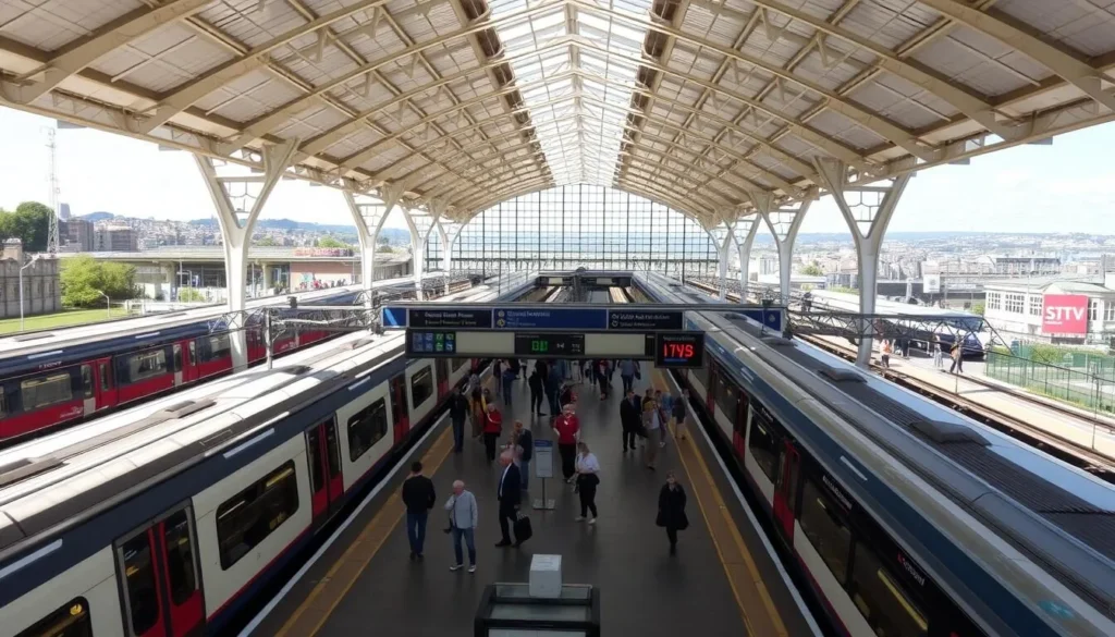 Southampton Central train station with trains and passengers Southampton Central train station with trains and passengers