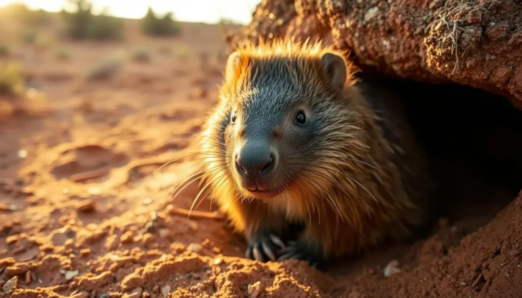 Southern hairy-nosed wombat near its burrow in Gawler Ranges National Park