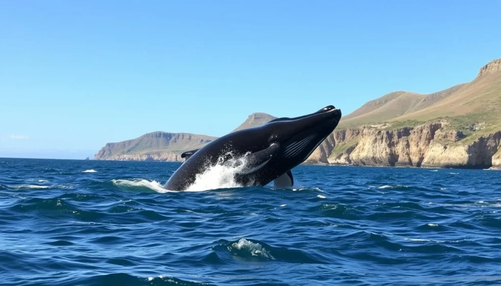 Southern right whale breaching near the coast of Hermanus, a seasonal South Africa best things to do Southern right whale breaching near the coast of Hermanus, a seasonal South Africa best things to do