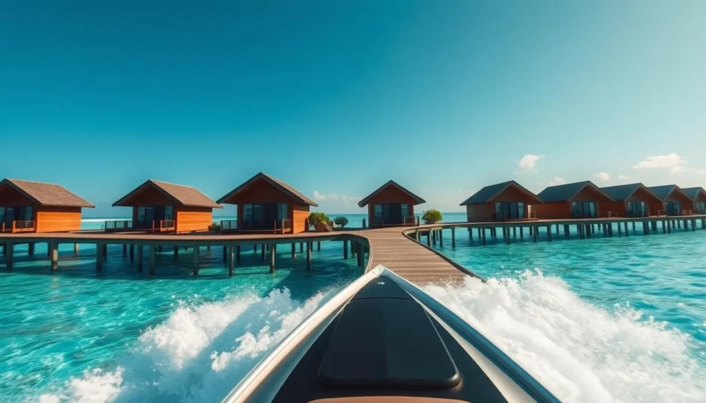 Speedboat approaching a Maldives resort with overwater bungalows