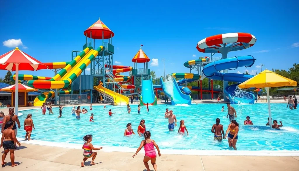 Splash Zone Water Park in Clarksburg with water slides and pool on a sunny summer day