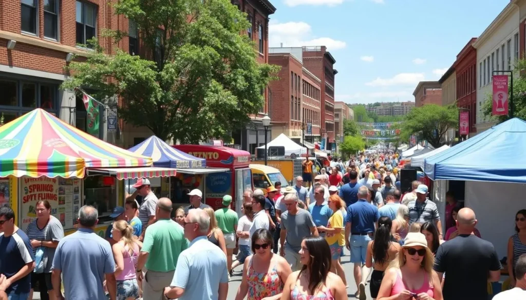 Spring Fling festival in downtown Spartanburg with crowds enjoying music, food vendors, and activities