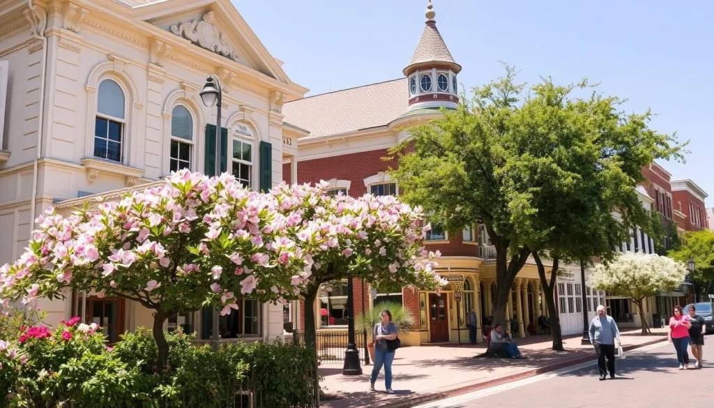 Spring blooms along Apalachicola's historic streets with Victorian buildings in the background Spring blooms along Apalachicola's historic streets with Victorian buildings in the background