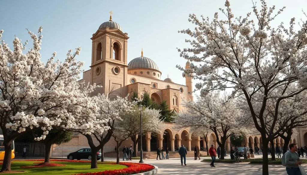 Spring blossoms in Damascus with historic architecture in background Spring blossoms in Damascus with historic architecture in background
