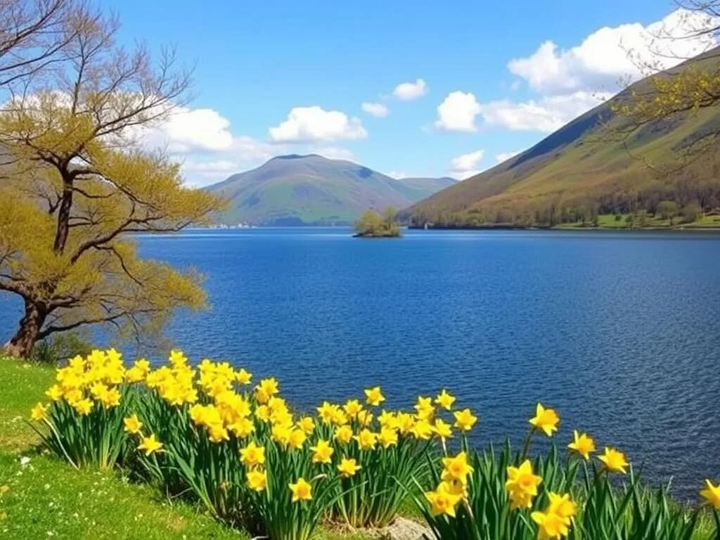 Spring in the Lake District with blooming daffodils along Ullswater lake, inspired by Wordsworth's famous poem Spring in the Lake District with blooming daffodils along Ullswater lake, inspired by Wordsworth's famous poem