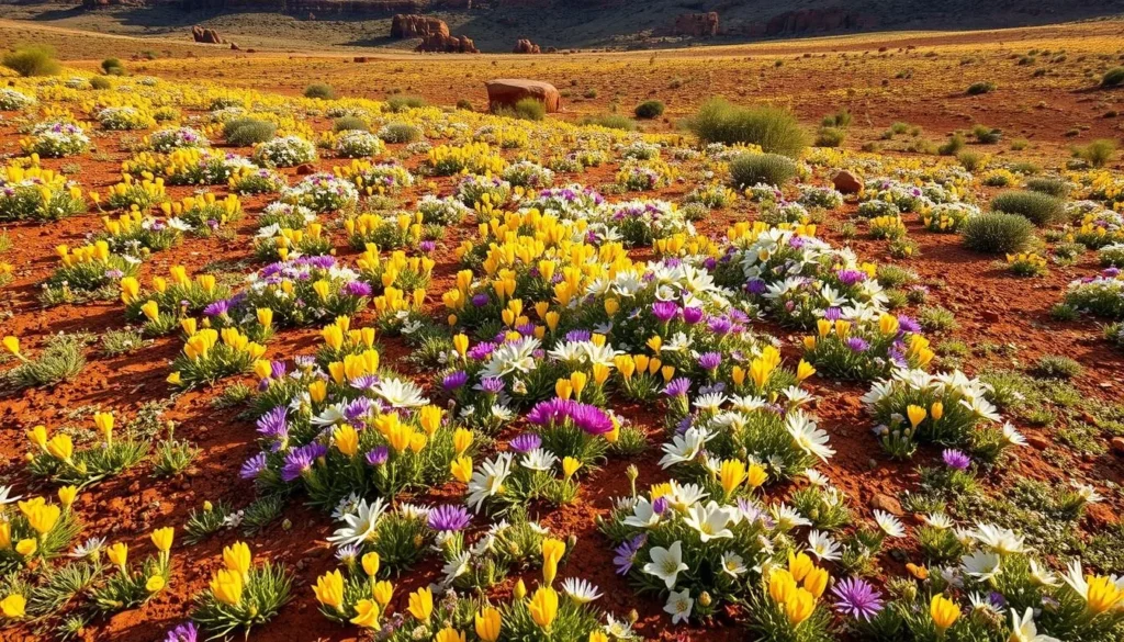 Spring wildflowers blooming across the Gawler Ranges landscape with colorful displays against red soil