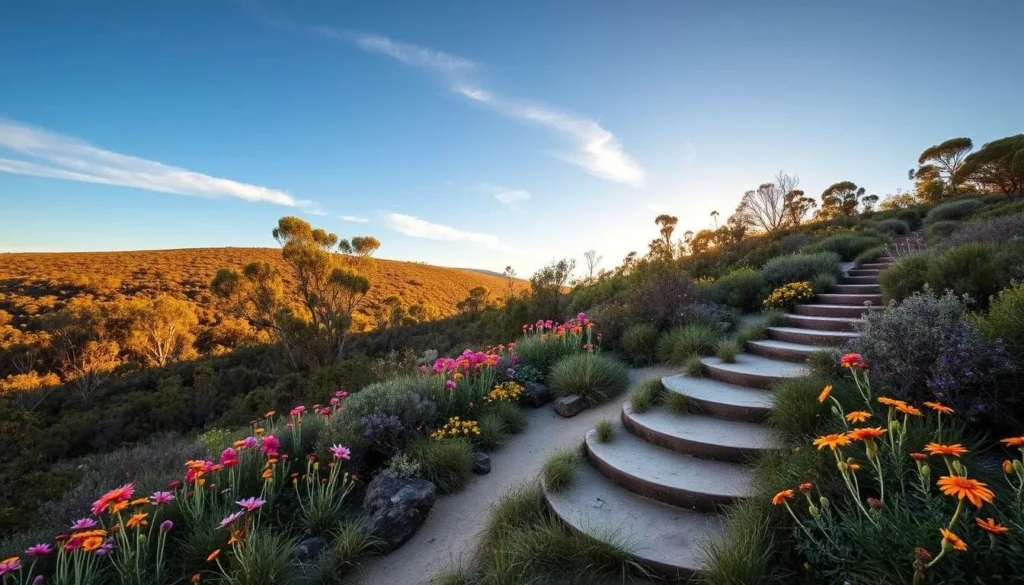 Spring wildflowers blooming along a Garigal National Park trail with perfect hiking weather Spring wildflowers blooming along a Garigal National Park trail with perfect hiking weather