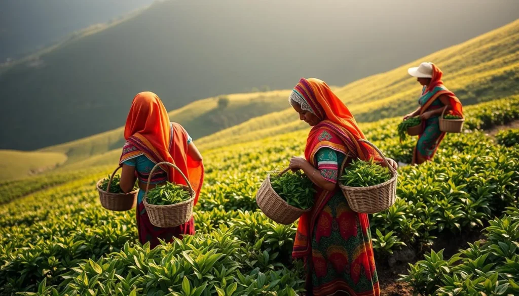 Sri Lankan tea pickers harvesting leaves in a hillside plantation