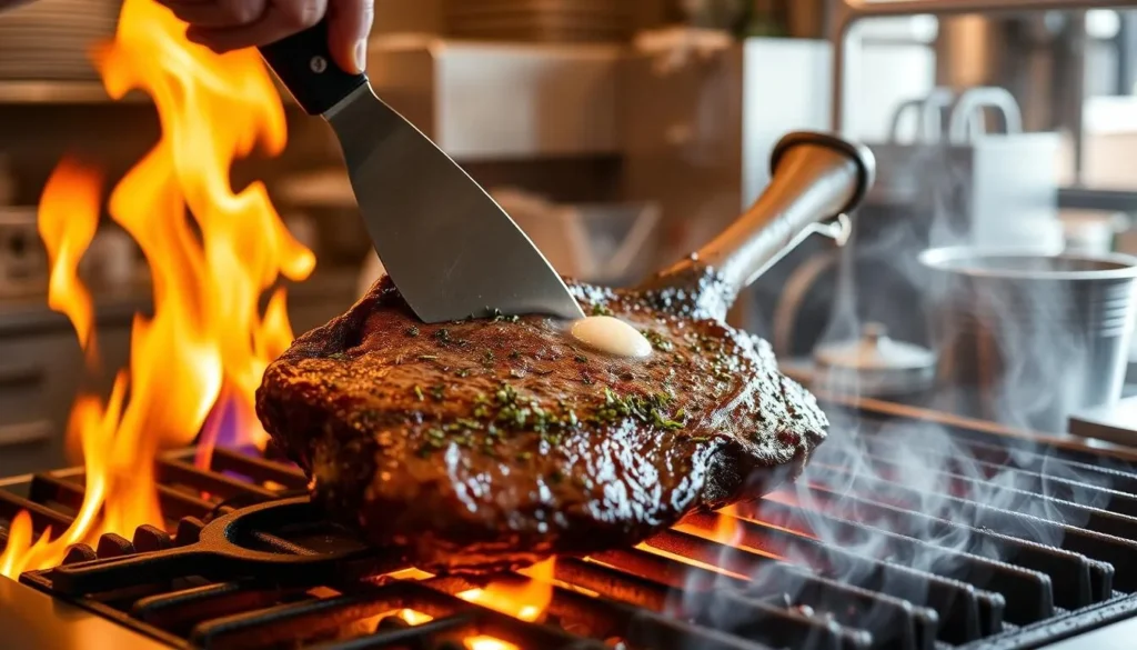 St. Anselm's Ax Handle Ribeye being grilled in open kitchen