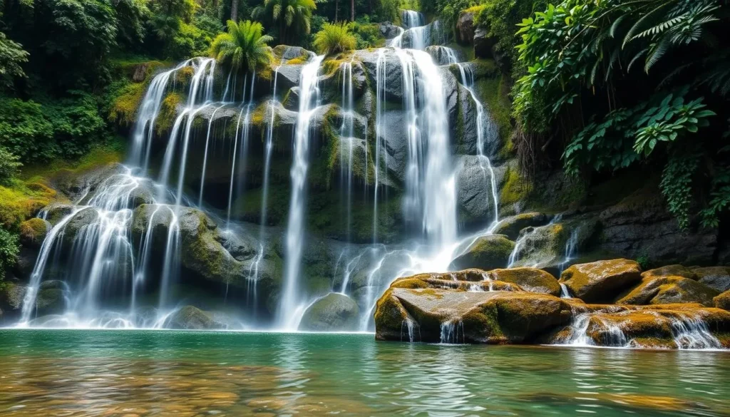 St. Nicholas Waterfall cascading through the lush jungle - one of the beautiful natural attractions and best things to do in Sao Tome and Principe