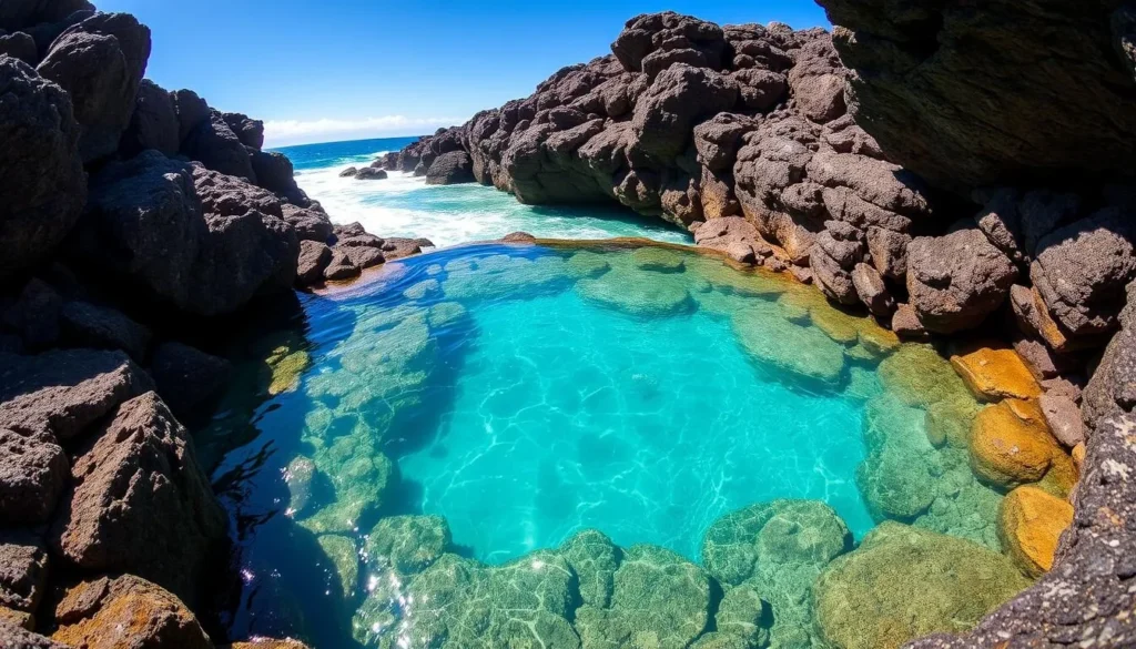 St. Paul's Pool natural swimming area on Pitcairn Island with crystal clear waters