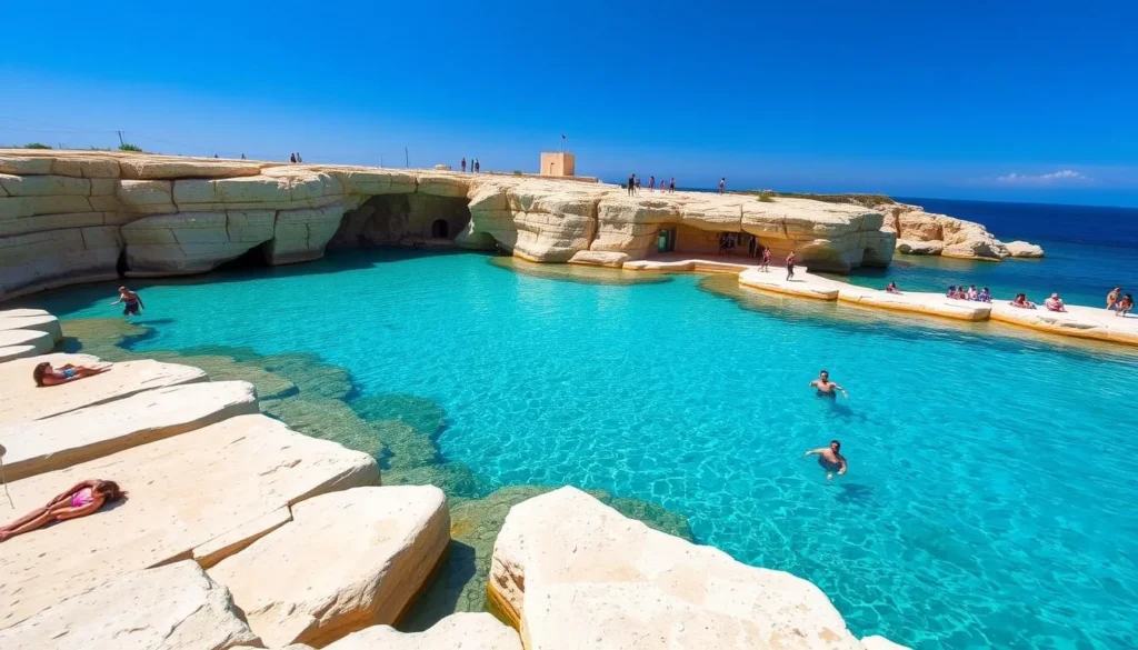 St. Peter's Pool in Malta, a natural swimming pool with crystal clear turquoise waters surrounded by flat limestone rocks St. Peter's Pool in Malta, a natural swimming pool with crystal clear turquoise waters surrounded by flat limestone rocks