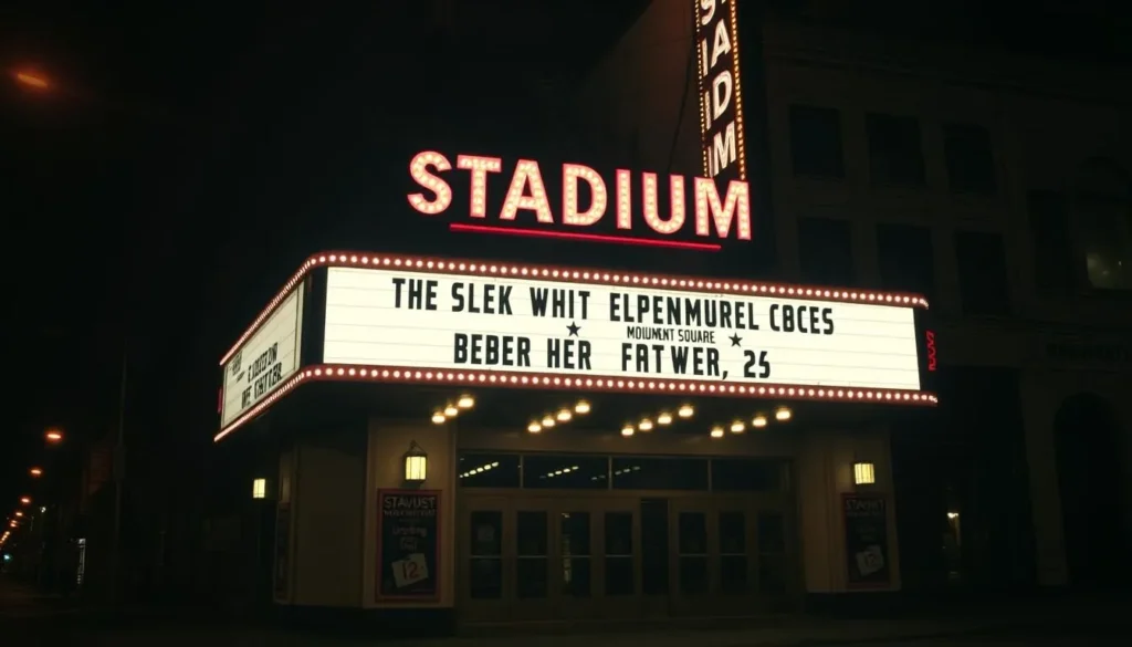 Stadium Theatre marquee in Woonsocket Rhode Island at night