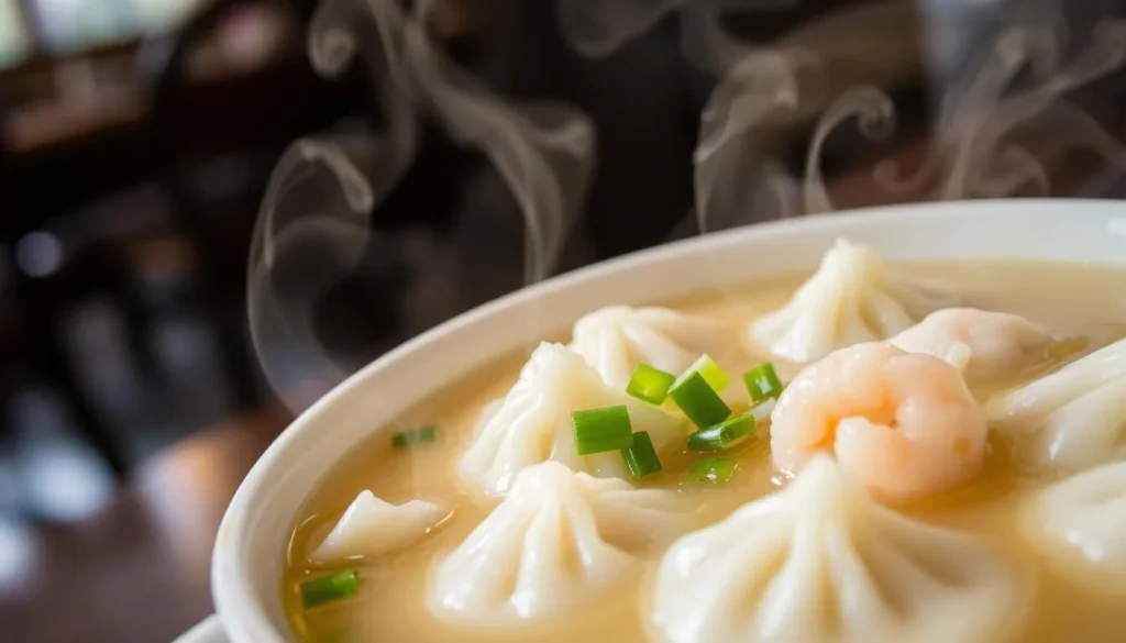 Steaming bowl of shrimp dumpling soup from Full Kee Restaurant with plump dumplings visible