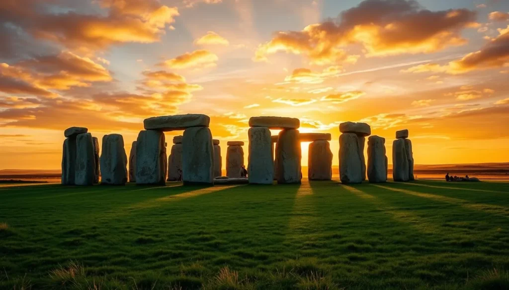 Stonehenge at golden hour with dramatic lighting and long shadows