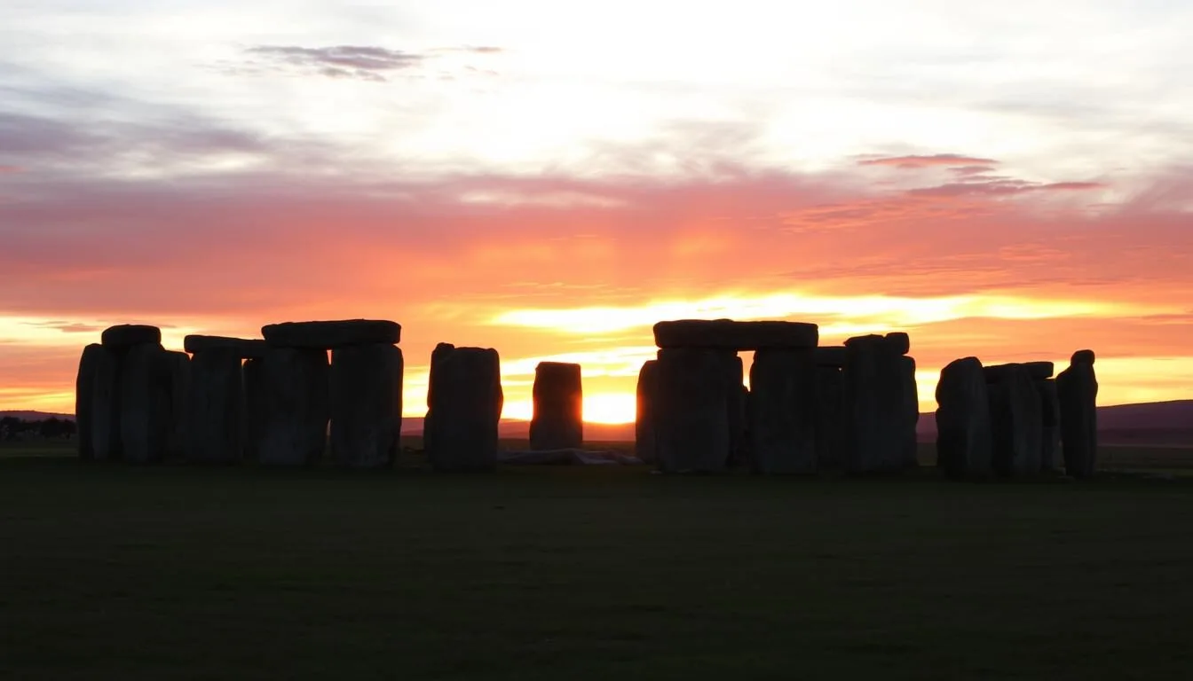 Stonehenge stone circle on Salisbury Plain at sunset with dramatic sky