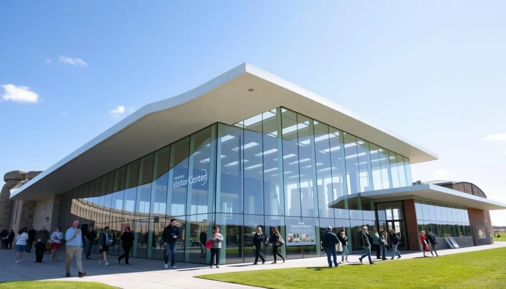 Stonehenge visitor center with exhibition displays and tourists exploring the facilities