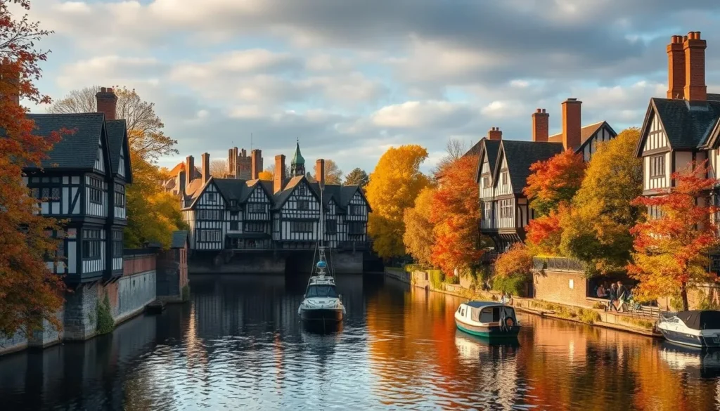 Stratford-upon-Avon in autumn with colorful fall foliage along the River Avon and historic buildings Stratford-upon-Avon in autumn with colorful fall foliage along the River Avon and historic buildings