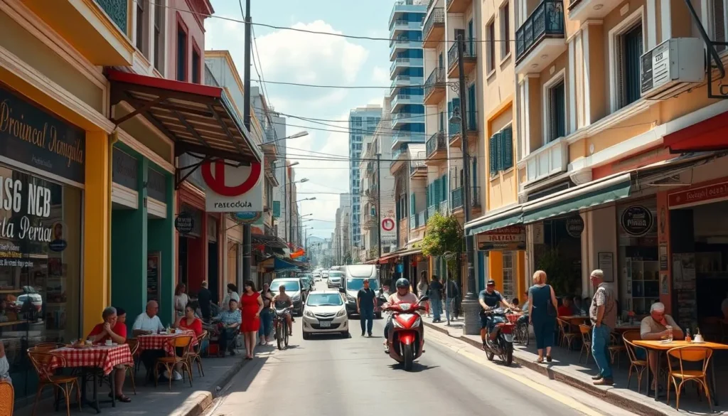 Street scene in Barranquilla showing local life with shops, restaurants, and pedestrians Street scene in Barranquilla showing local life with shops, restaurants, and pedestrians