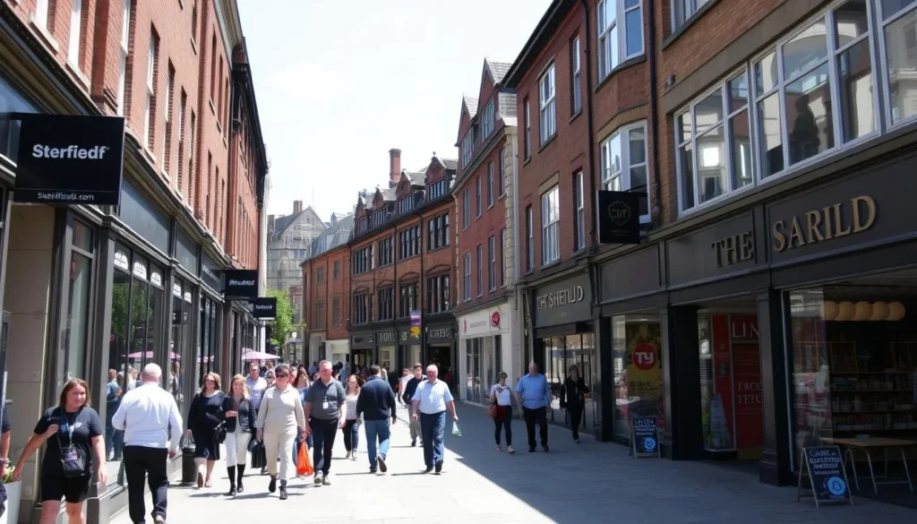 Street scene in Sheffield city center showing local shops and pedestrians on a sunny day
