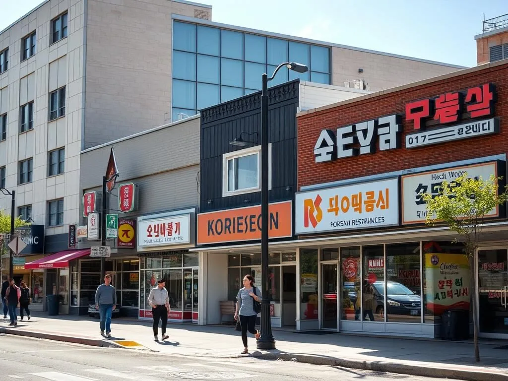 Street view of Annandale's Koreatown with Korean signage and restaurants on a sunny day