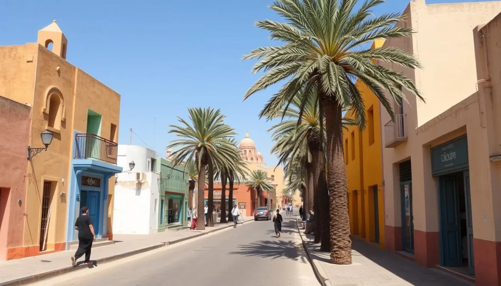 Street view of Laayoune city center with its distinctive architecture and palm trees Street view of Laayoune city center with its distinctive architecture and palm trees