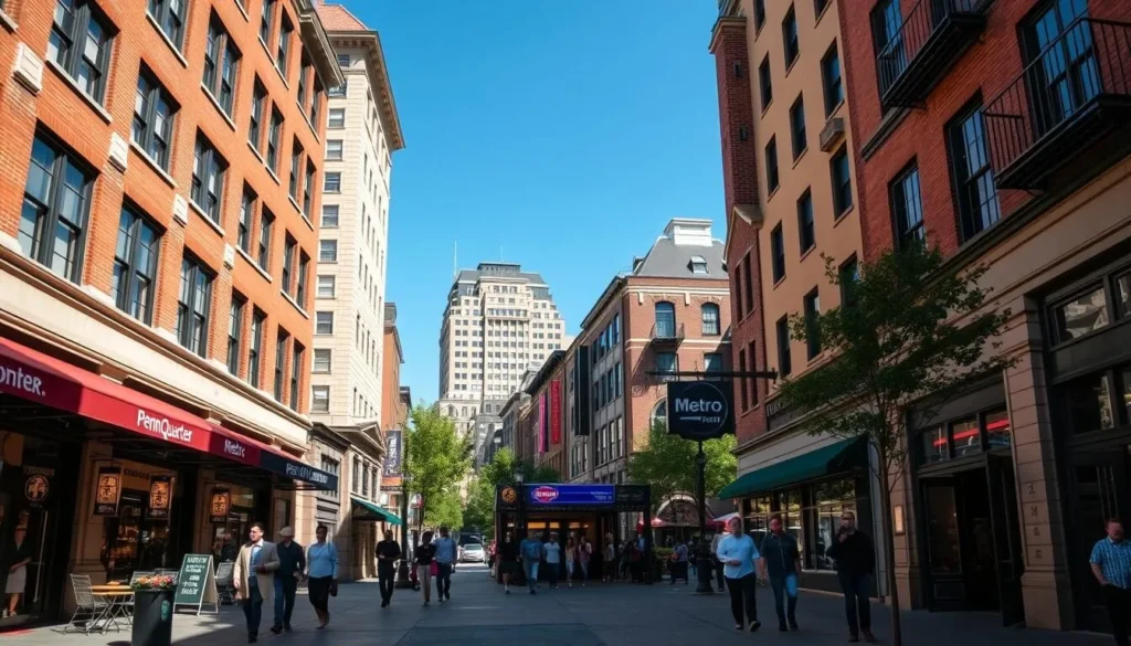 Street view of Penn Quarter neighborhood in Washington DC with Metro station entrance visible
