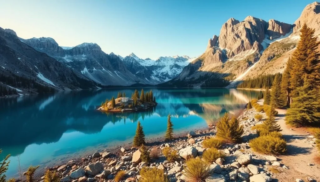 Stunning alpine lakes nestled amidst towering granite peaks, bathed in warm afternoon light. A tranquil scene of clear turquoise waters reflecting the rugged, snow-capped mountains surrounding Mammoth Lakes. In the foreground, a pristine shoreline dotted with boulders and lush green foliage. A serene, peaceful atmosphere invites exploration, with hikers traversing the scenic trails along the lake's edge. Wide-angle lens captures the grandeur of this remarkable natural wonder, showcasing the breathtaking beauty of California's Mammoth Lakes region. Stunning alpine lakes nestled amidst towering granite peaks, bathed in warm afternoon light. A tranquil scene of clear turquoise waters reflecting the rugged, snow-capped mountains surrounding Mammoth Lakes. In the foreground, a pristine shoreline dotted with boulders and lush green foliage. A serene, peaceful atmosphere invites exploration, with hikers traversing the scenic trails along the lake's edge. Wide-angle lens captures the grandeur of this remarkable natural wonder, showcasing the breathtaking beauty of California's Mammoth Lakes region.
