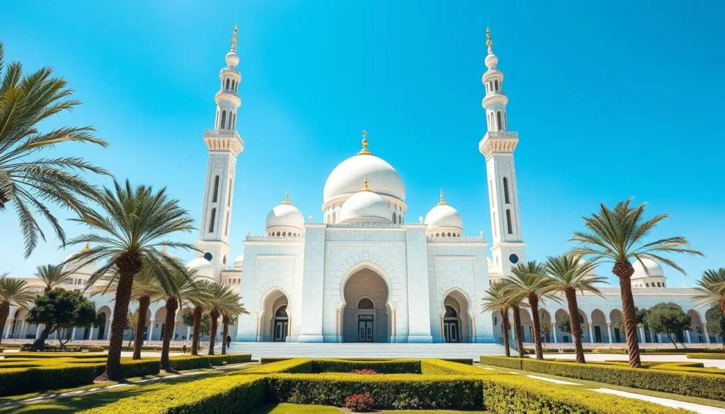 Stunning architecture of Sultan Qaboos Grand Mosque in Muscat with its main dome and minarets