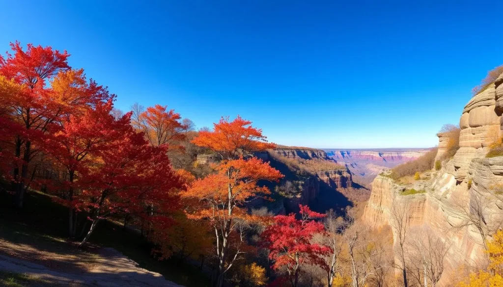 Stunning autumn foliage at Starved Rock State Park with colorful trees and canyon views