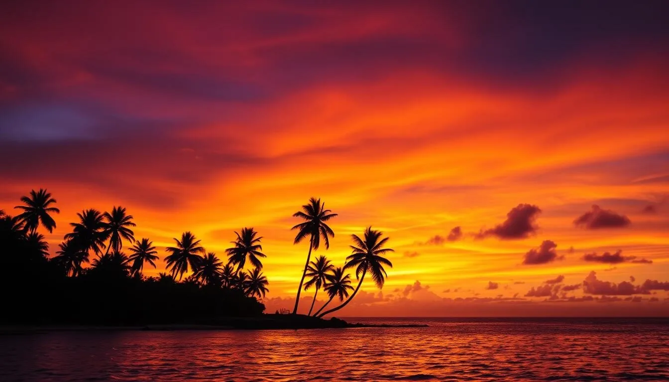Stunning sunset over a Fiji beach with palm trees silhouetted against an orange and purple sky