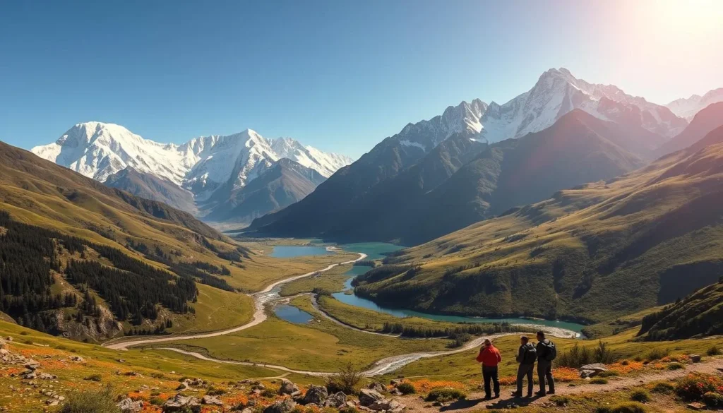 Stunning vistas of Pakistan's majestic mountain ranges, capped with glistening snow, rise majestically against a clear azure sky. Lush, verdant valleys dotted with vibrant wildflowers wind through the rugged terrain, fed by crystalline streams and rivers. Towering peaks cast long shadows over tranquil alpine lakes, their still waters reflecting the surrounding natural splendor. In the foreground, a group of trekkers pause to take in the breathtaking panorama, awed by the sheer, unspoiled beauty of Pakistan's wilderness. Warm, golden sunlight bathes the scene, creating a sense of peace and serenity. This is the essence of Pakistan's natural landscapes, a true haven for nature lovers.